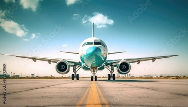 Fototapeta Jet plane on the blue sky background of a taxiway. Front view from eye to eye.
