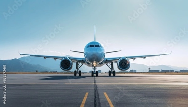 Fototapeta Jet plane on the blue sky background of a taxiway. Front view from eye to eye.