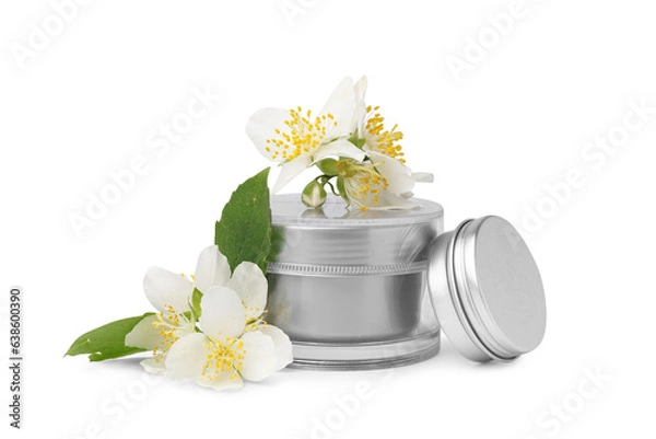 Fototapeta Jars of cosmetic products with beautiful jasmine flowers isolated on white background