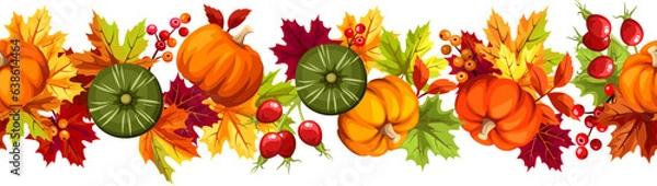 Fototapeta Seamless border with pumpkins, colorful autumn leaves, rowan berries, and rosehip. Vector illustration