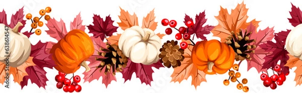 Fototapeta Seamless border with pumpkins, red, pink, and orange autumn leaves, pinecones, and rowanberries. Vector illustration