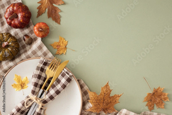 Fototapeta Elevate your table with a touch of autumnal beauty. Top view photo of plate, cutlery, tablecloth, colorful pumpkins, acorns, dry maple leaves on pastel green background with promo area
