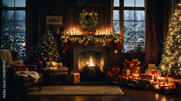 Obraz fireplace with christmas decorations