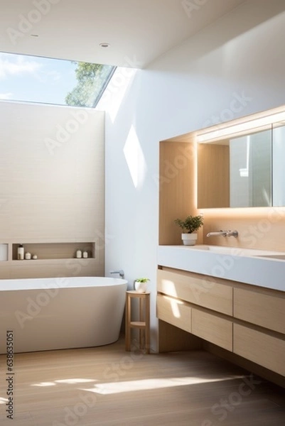 Obraz A bath room with a tub a sink and a mirror. Generative AI.