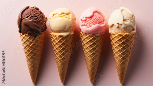 Fototapeta Ice cream in cones isolated on pink background, Assortment of assorted ice creams.