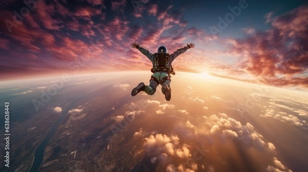 Obraz Falling skydiver on sunset background. AI generated.