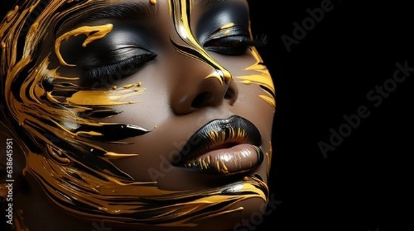 Obraz Portrait of beautiful african woman colored painted golden colors on face, close up, generative ai