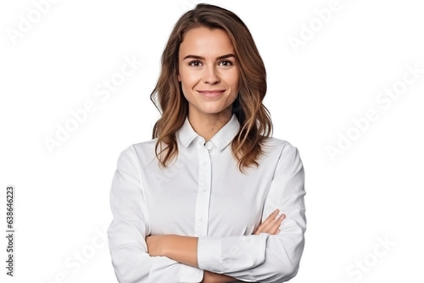 Obraz Portrait of handsome smiling young woman with folded arms isolated transparent/white background