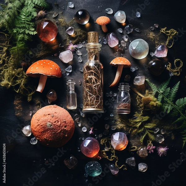 Obraz Druid Spellcaster flatlay - witchy herbs