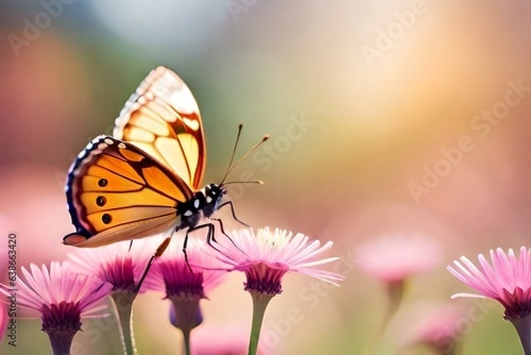 Fototapeta butterfly on a flower, blurred background, macro photography created with generative ai technology