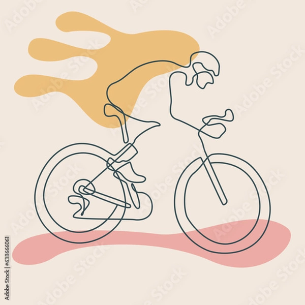 Obraz Minimalist riding a bicycle line illustration in line art style. Abstract background with Continuous line art. boho template wall decor. hand draw cover vector with copy space.