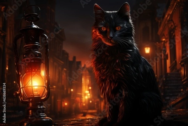 Fototapeta Halloween Atmospheric Photo: Conjuring the Spooky Essence of the Witching Season with Pumpkins, Spooky Costumes, Witches, Ghosts, and Haunted Houses. Embracing the Thrill of Trick or Treating in Dark