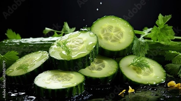 Fototapeta fresh green cucumber splashed with water on black and blurred background