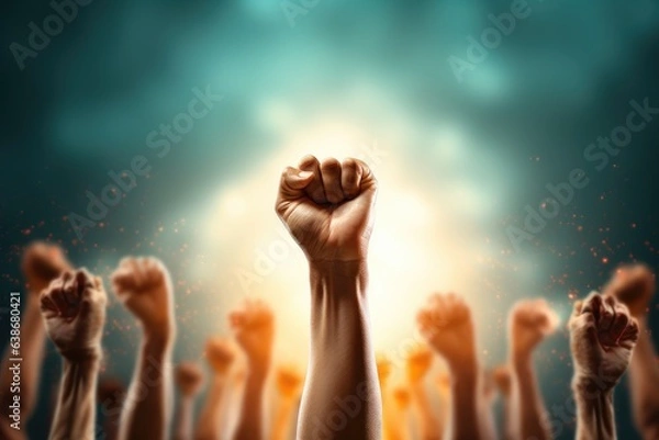 Fototapeta Raised hands on abstract background. Human rights and freedom concept.