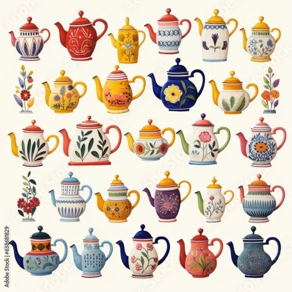 Fototapeta A collection of colorful teapots with different designs.