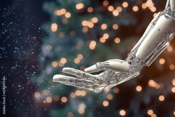 Fototapeta Giving and Helping hand concept in digital world. The silver man arm and finger hand in the air on lighting background. By generative AI.