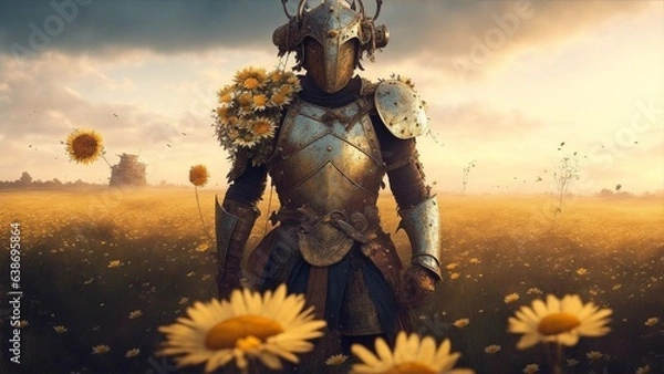 Fototapeta Photo of a knight standing in a field of sunflowers