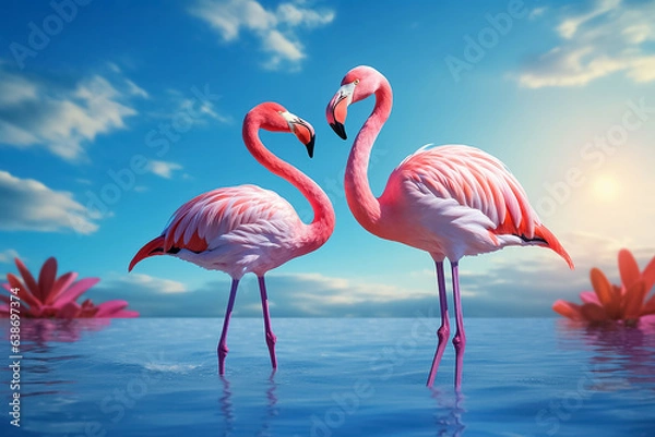 Fototapeta The colony of flamboyance pink flamingo stands in the clear blue water surface under the daytime sky, Generative AI.