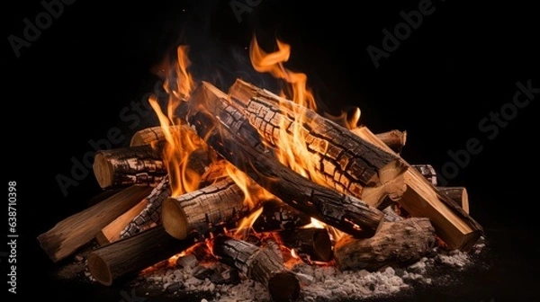 Fototapeta A fire pit with logs and flames on a black background, created by Generative AI