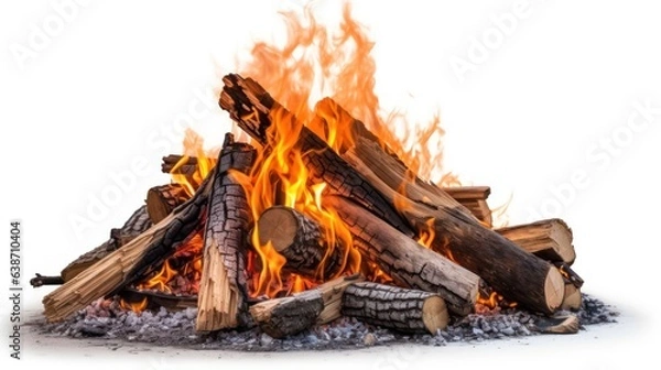 Fototapeta A fire pit with logs and flames on a white background, created by Generative AI