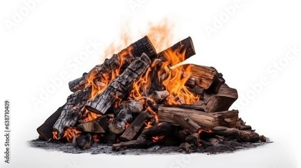 Obraz A fire pit with logs and flames on a white background, created by Generative AI