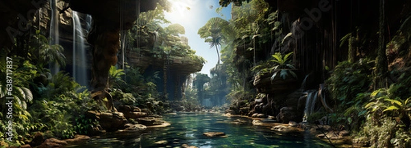 Fototapeta River Flowing Through A Tropical Forest. Illustration On The Theme Of Nature And Elements, Plants And Climate, Ecology And Travel. Generative AI