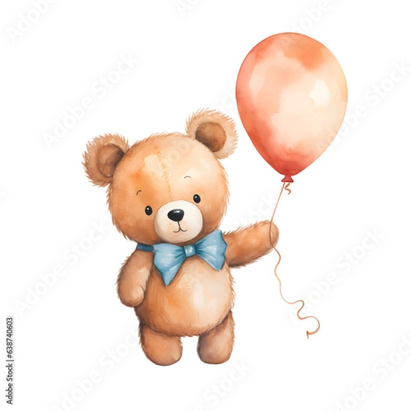 Fototapeta Teddy bear with balloons watercolor illustration isolated on transparent background