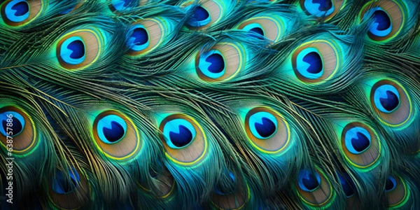 Fototapeta peacock feather texture, feather schemed background, closeup shot, panorama, blue, elegant, shallow arranged, Generative AI