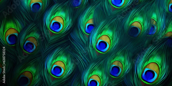 Fototapeta peacock feather texture, feather schemed background, closeup shot, panorama, blue, elegant, shallow arranged, Generative AI