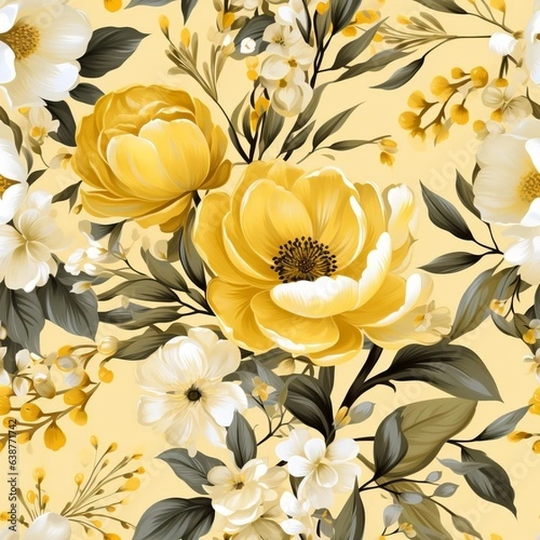 Fototapeta Seamless pattern with flowers and leaves. Generated AI.