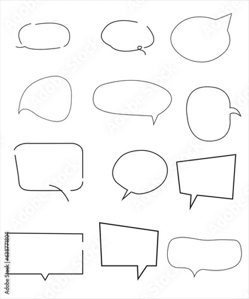 Fototapeta Vector Set of speech bubbles. Dialog box icon, message template. Doodle clouds for text, lettering. Different shape of empty balloons for talk on blue background. Flat vector illustration.
