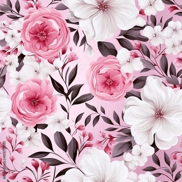 Fototapeta Seamless pattern with flowers and leaves. Generated AI.