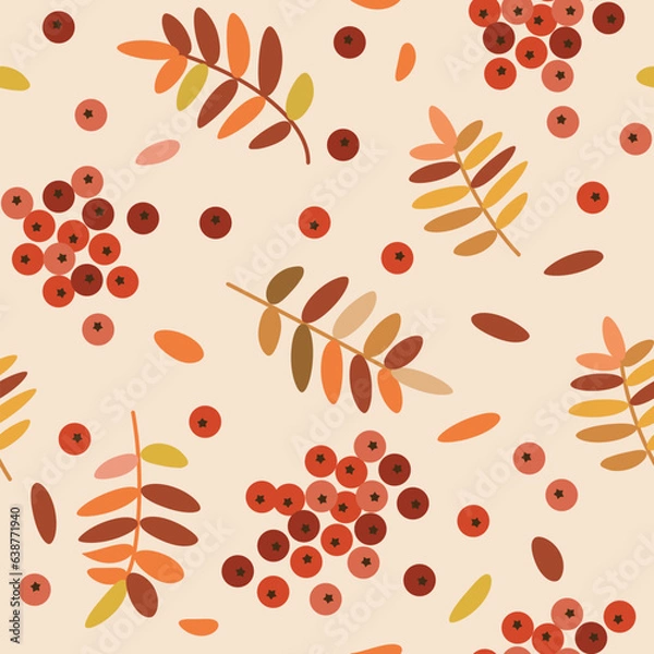 Obraz Vector seamless autumn pattern with rowan leaves and rowan berries