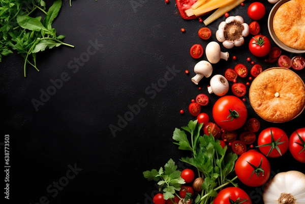 Fototapeta From Ingredients to Delight: Raw Ingredients and Ready-Made Pizza on Black Background Created with generative AI tools