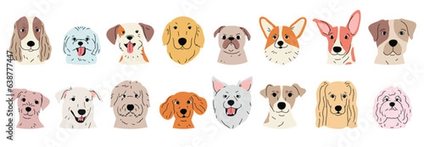 Fototapeta Cute and smile dog heads doodle vector set. Comic happy dog faces character design of bulldog, lion, wolf with flat color isolated on white background. Design illustration for sticker, comic, print.