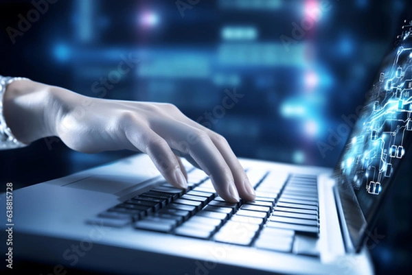 Fototapeta person typing on a keyboard. Closeup view of a hand on a laptop computer keyboard. Future tech concept