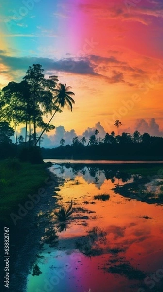Fototapeta Tropical landscape with coconut trees and reflection in the lake. Ai generated.