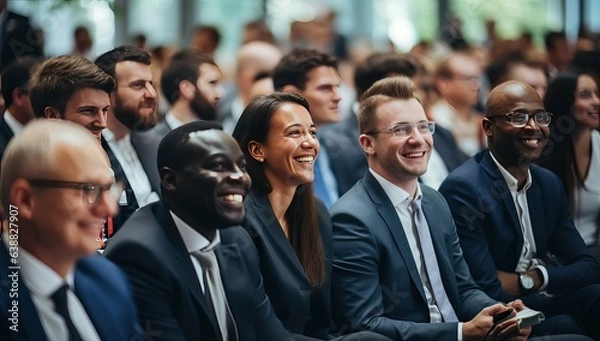 Fototapeta Group of smiling business people in conference hall. Selective focus.