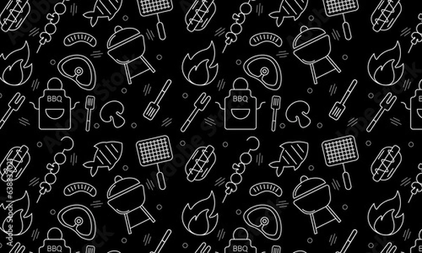 Fototapeta Seamless pattern with BBQ icons set. Vector illustration with summer barbecue elements collection.	