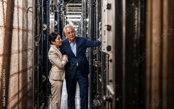 Fototapeta photo of working entrepreneur woman at factory with machine and worker, generative AI