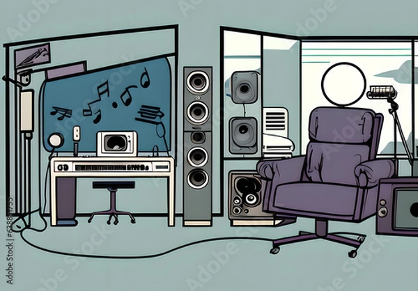 Obraz Recording studio control room with professional equipment. Isometric color illustration with loudspeakers, guitar and control panels. Radio booth for singers and bands. Song audio recording concept, G