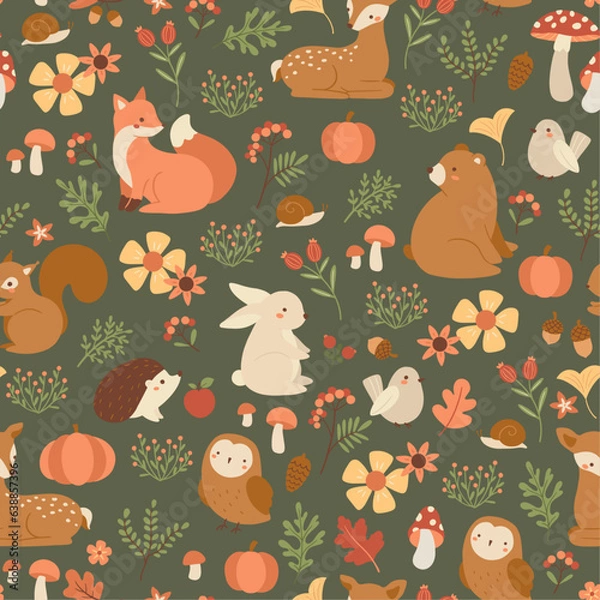 Fototapeta Vector seamless fall pattern with forest animals and plants