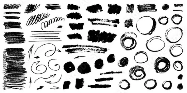 Obraz Vector grungy brush arrow set. Rough scribble collection. Hand drawn grunge sketch elements. Charcoal pencil textured lines. Chalk curves, text boxes  and textures. Each element is united and isolated