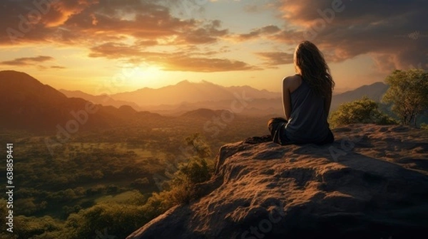 Fototapeta A woman is meditating on the edge of a cliff with a very beautiful view of the mountains at sunset. Woman sitting on the edge of a mountain cliff