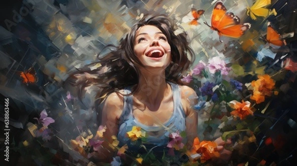 Fototapeta Child with fantasy flowers field garden and colorful butterflies background. Generative AI