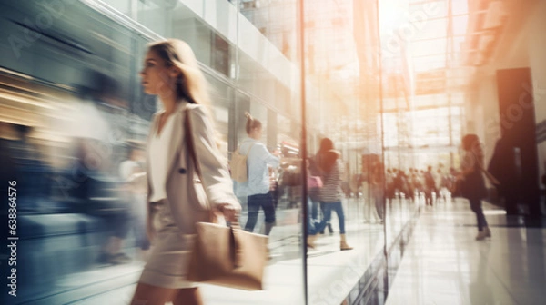 Fototapeta Blurred background featuring a modern shopping mall with various shoppers. Fashionable women are observing a showcase, captured with motion blur. Shoppers carrying shopping bags. Generative AI