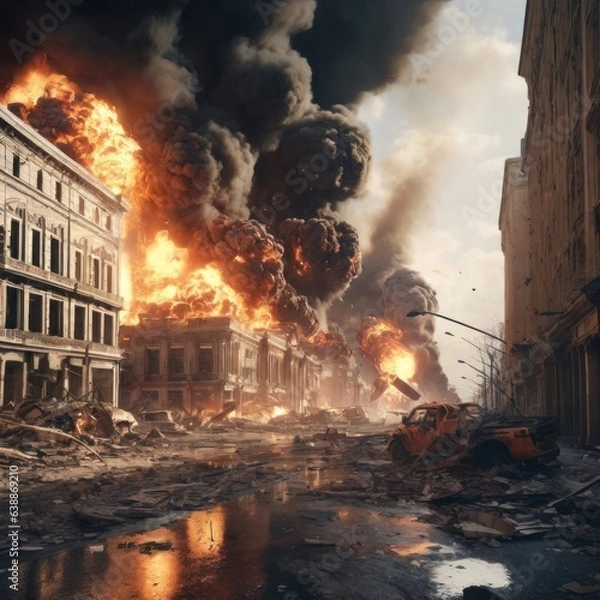 Fototapeta Illustration of a city destroyed by bombs, the effects of war. generative AI