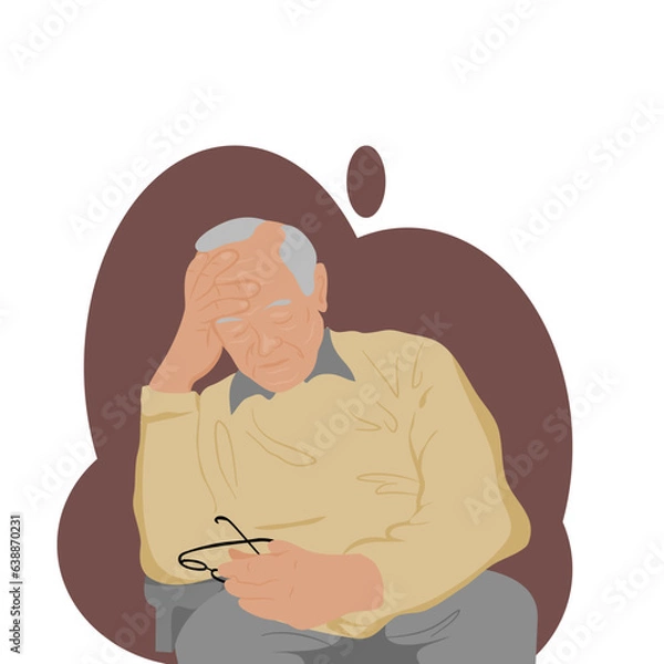 Fototapeta One bald old man sitting down, right hand holding chin, left hand holding eyeglasses is feeling downfall on brown background .Vector isolate flat design concept for depression, lonely, depression