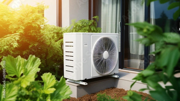 Fototapeta Air source heat pump installed in a residential building, providing sustainable and clean energy for a modern home background.

Generative AI