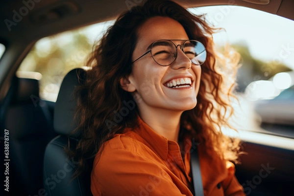 Fototapeta Joyful Brunette Behind the Wheel: Portrait of a Successful and Smiling Female Driver